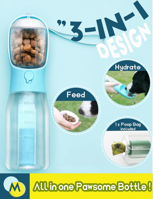 Ultimate 3-in-1 Portable Dog Water Bottle - Hydration, Treats, and Cleanup in One Stylish Blue Design for Outdoor Adventures!
